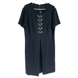 St. John Wool Knit Lace Up A-Line Black Dress 16 - FLAWED